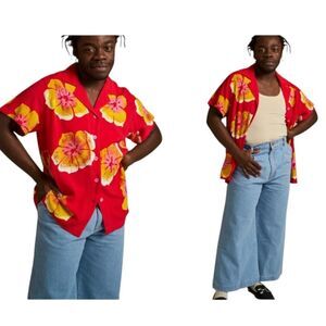 Big Bud Press Painted Flowers Buttondown Shirt Short Sleeve Hawaiian Red Orange